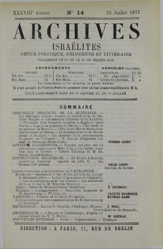 Archives israélites de France. Vol.38 N°14 (15 juil. 1877)